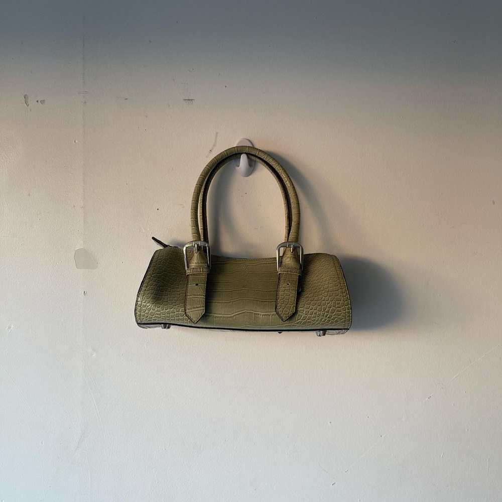 Y2K Green Faux Crocodile Leather Cylinder Mini Shoulder Bag w/ Silver Hardware